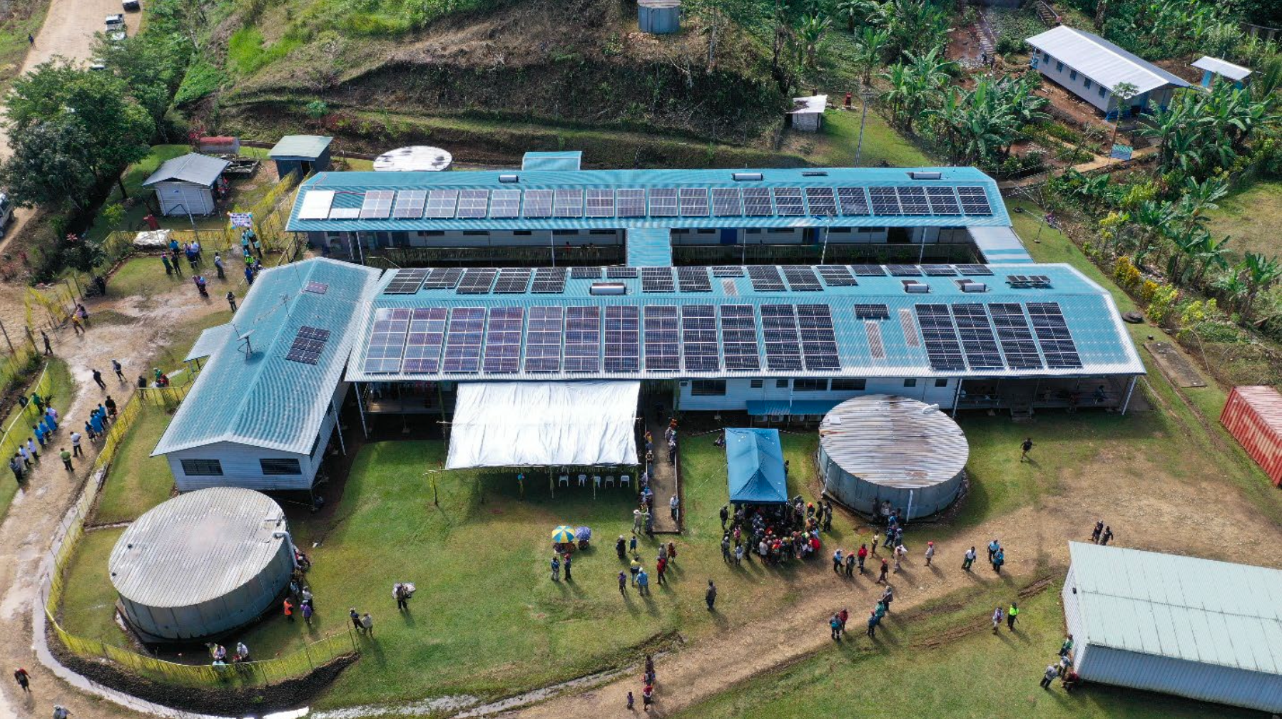 Aerial drone shot of the solar power plant in PNG